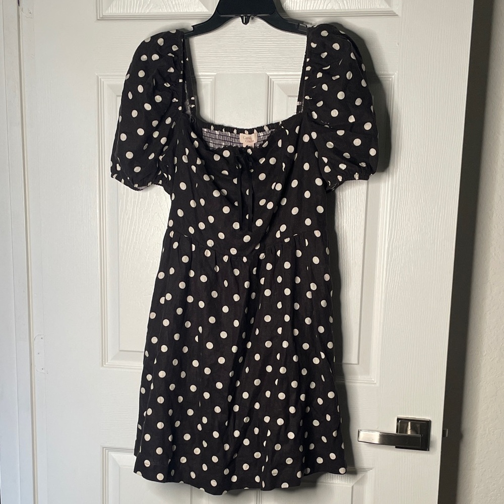 NWT Camila Coelho Linen Blend Puff Sleeve Polka Dot Mini Dress